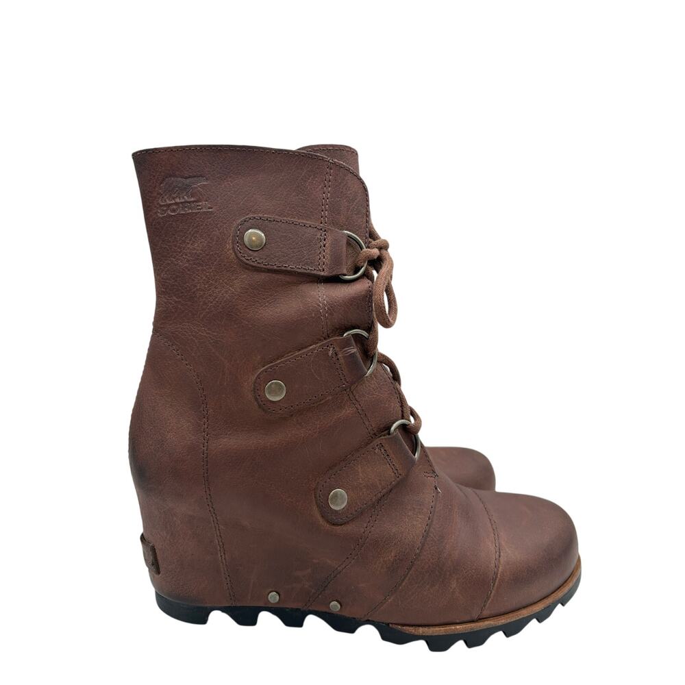SOREL Joan of Arctic Lace up Wedge booties Ash Brown Leather Women’s 7.5 - Picture 2 of 9